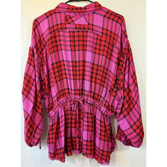 NWOT Free People Pacific Dawn Red & Pink Plaid Shirt With Waist Drawstring M - Picture 5 of 11